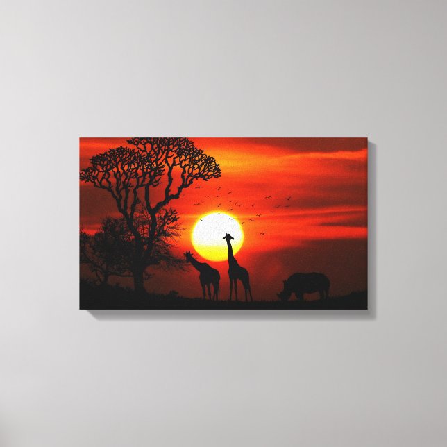 African Safari Sunset Animal Silhouettes Canvas Print (Front)