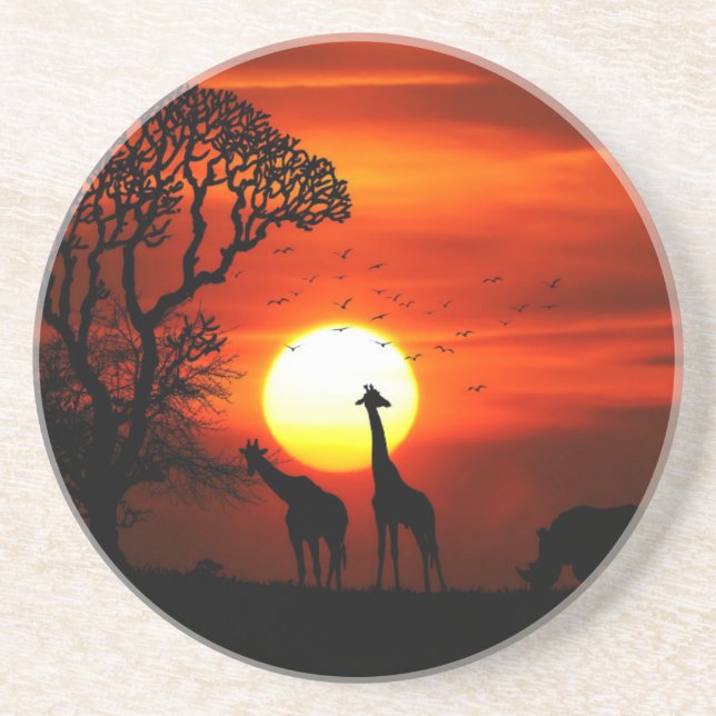 African Safari Sunset Animal Silhouettes Coaster (Front)