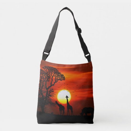 African Safari Sunset Animal Silhouettes Crossbody Bag