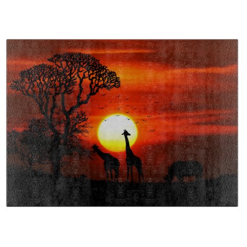 African Safari Sunset Animal Silhouettes Cutting Board