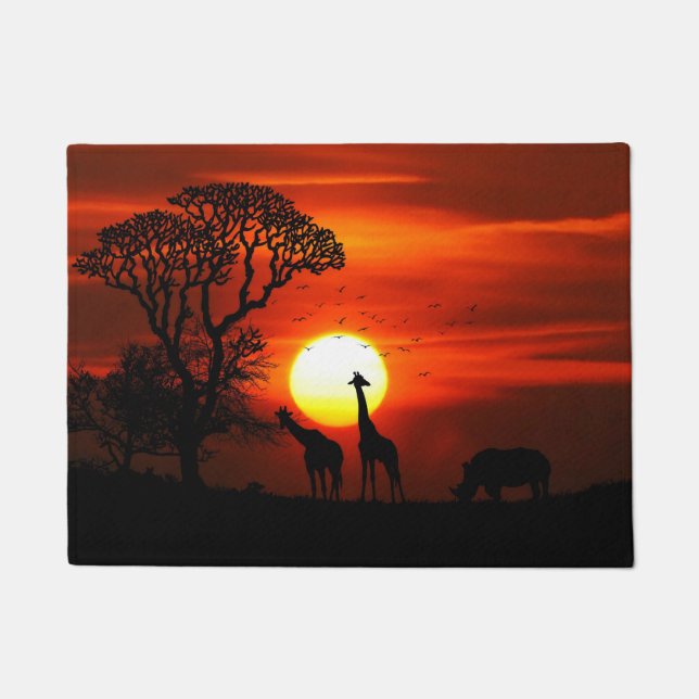 African Safari Sunset Animal Silhouettes Doormat (Front)