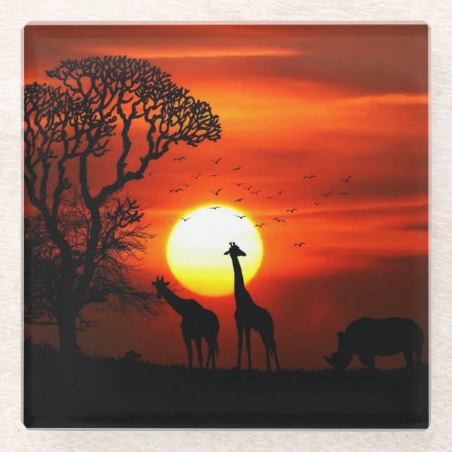 African Safari Sunset Animal Silhouettes Glass Coaster (Front)