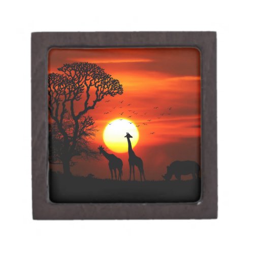 African Safari Sunset Animal Silhouettes Keepsake Box