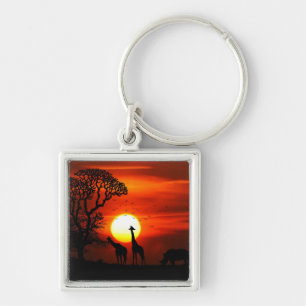 African Safari Sunset Animal Silhouettes Keychain