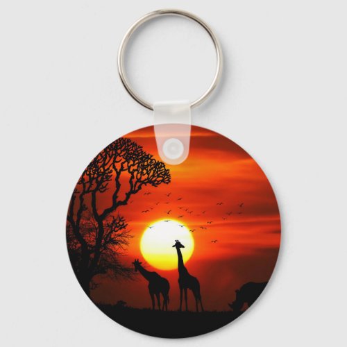 African Safari Sunset Animal Silhouettes Keychain