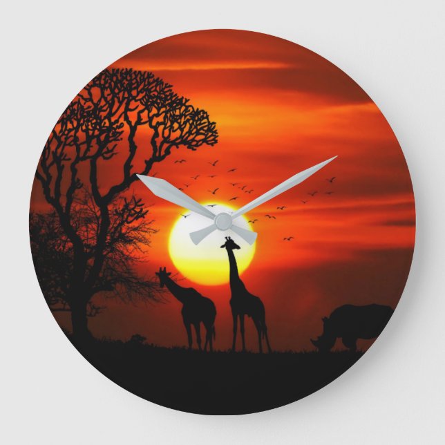 African Safari Sunset Animal Silhouettes Large Clock (Front)