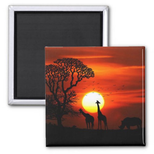 African Safari Sunset Animal Silhouettes Magnet
