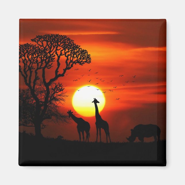 African Safari Sunset Animal Silhouettes Magnet (Front)
