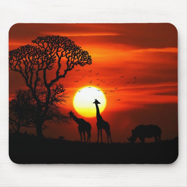 African Safari Sunset Animal Silhouettes Mouse Pad (Front)