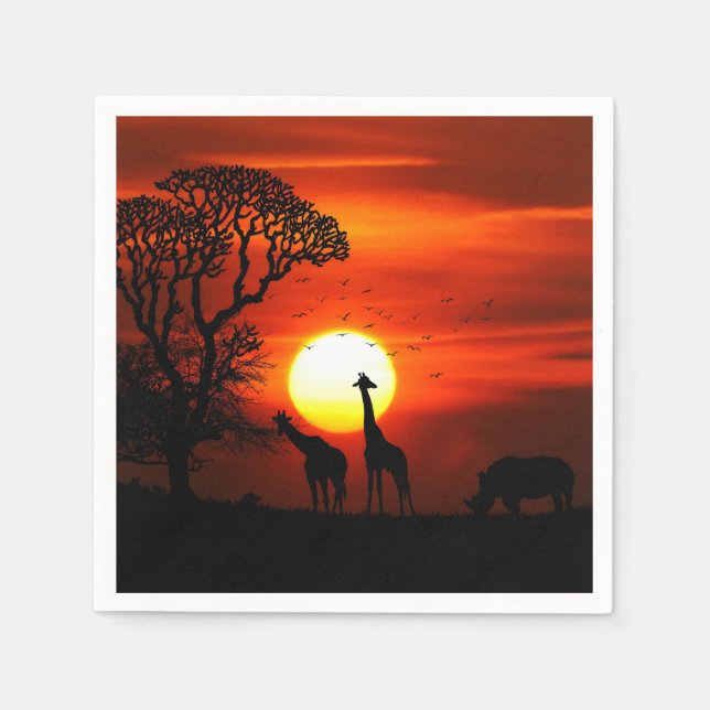 African Safari Sunset Animal Silhouettes Napkins (Front)