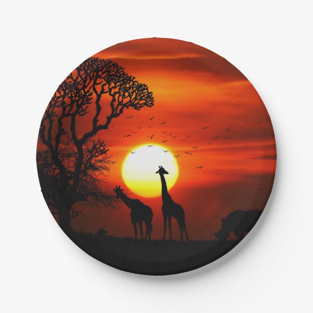 African Safari Sunset Animal Silhouettes Paper Plates (Front)