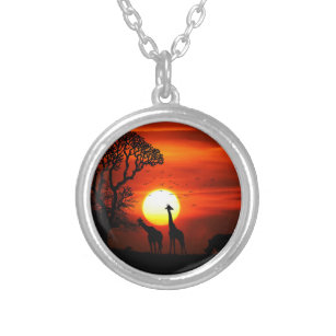 African Safari Sunset Animal Silhouettes Silver Plated Necklace