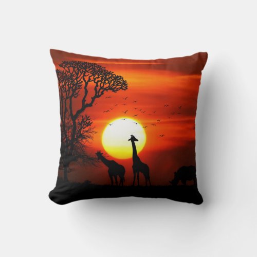 African Safari Sunset Animal Silhouettes Throw Pillow