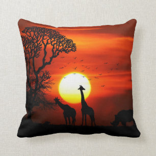 African Safari Sunset Animal Silhouettes Throw Pillow
