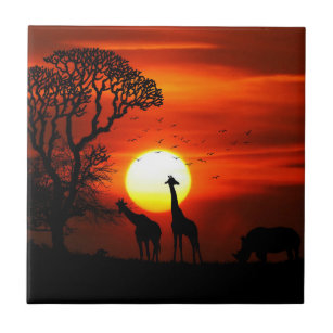 African Safari Sunset Animal Silhouettes Tile