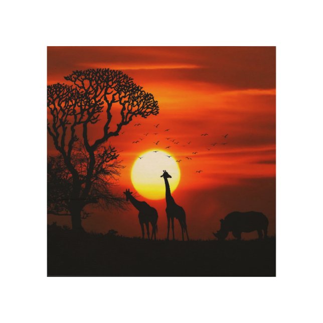 African Safari Sunset Animal Silhouettes Wood Wall Art (Front)