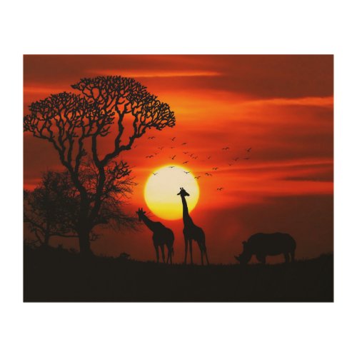 African Safari Sunset Animal Silhouettes Wood Wall Decor