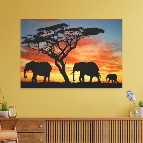 African Safari Sunset Elephant Silhouette Art Canvas Print