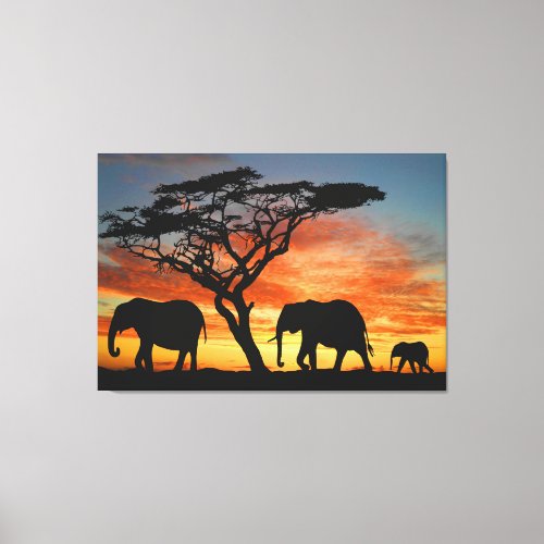 African Safari Sunset Elephant Silhouette Art Canvas Print
