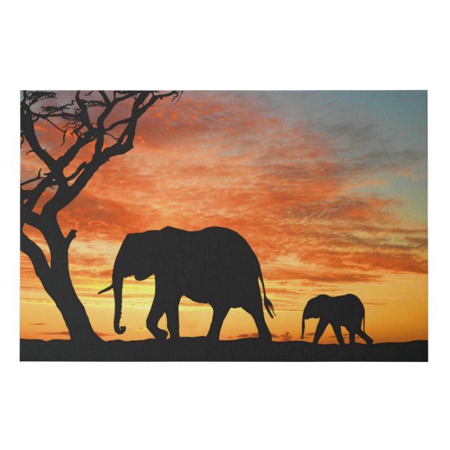 African Safari Sunset Elephant Silhouette Art Faux Canvas Print (Front)