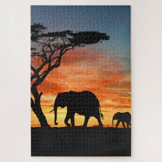 African Safari Sunset Elephant Silhouette Art Jigsaw Puzzle