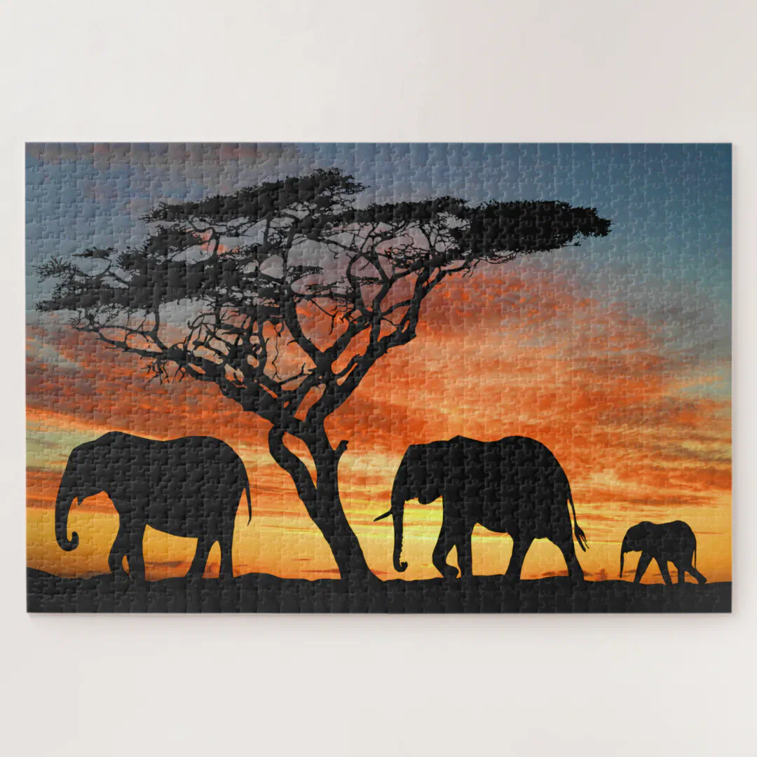 African Safari Sunset Elephant Silhouette Art Jigsaw Puzzle (Horizontal)