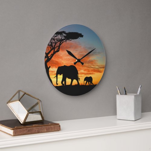 African Safari Sunset Elephant Silhouette Art Large Clock