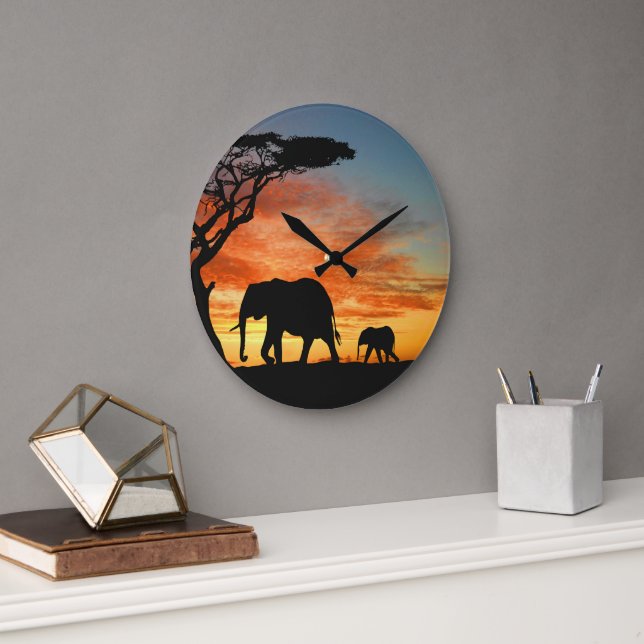 African Safari Sunset Elephant Silhouette Art Large Clock (Office)