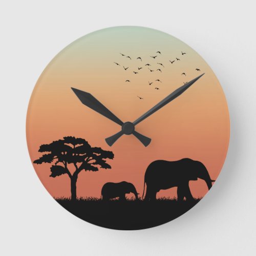 African Safari Sunset Elephant Silhouette Round Clock