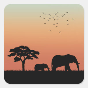 African Safari Sunset Elephant Silhouette Square Sticker