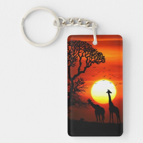 African Safari Sunset Giraffe Silhouettes Keychain