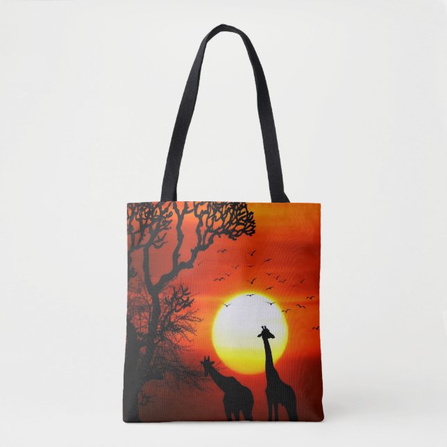 African Safari Sunset Giraffe Silhouettes Tote Bag (Front)