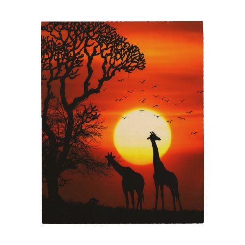 African Safari Sunset Giraffe Silhouettes Wood Wall Decor