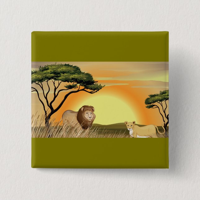 African Safari Sunset Lion and Lioness Button (Front)