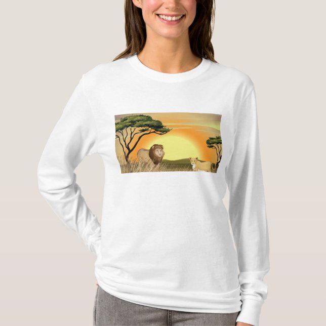 African Safari Sunset Lion and Lioness T-Shirt (Front)