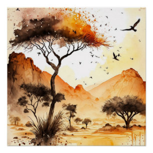 African Safari Sunset Watercolor with Acacia Tree Poster