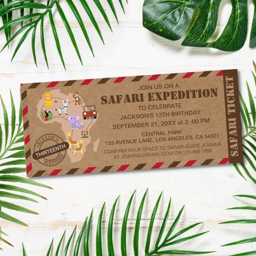 African Safari Ticket Wild Animal Kids Birthday Invitation