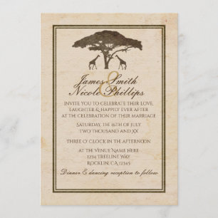 African Safari Two Giraffes & Tree Vintage Wedding Invitation
