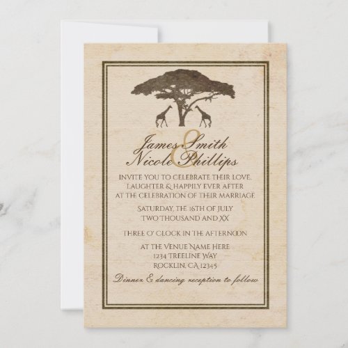 African Safari Two Giraffes  Tree Vintage Wedding Invitation