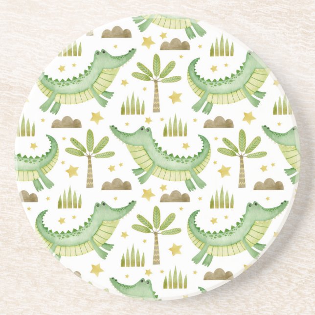 African Safari: Watercolor Crocodile & Palm Trees Coaster (Front)