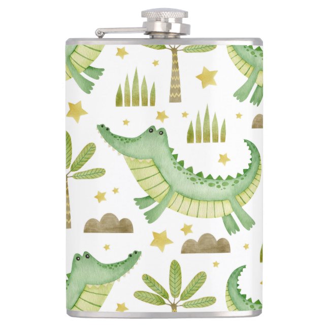 African Safari: Watercolor Crocodile & Palm Trees Flask (Front)