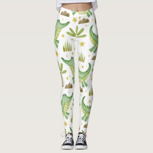 African Safari Watercolor Crocodile  Palm Trees Leggings