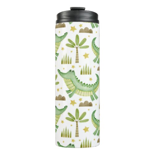 African Safari Watercolor Crocodile  Palm Trees Thermal Tumbler