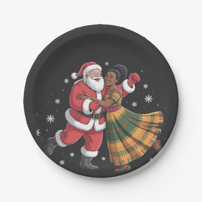 African Santa Mrs Claus Dancing African American   Paper Plates (Front)