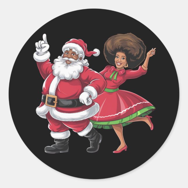 African Santa Mrs Claus Dancing American Christmas Classic Round Sticker (Front)