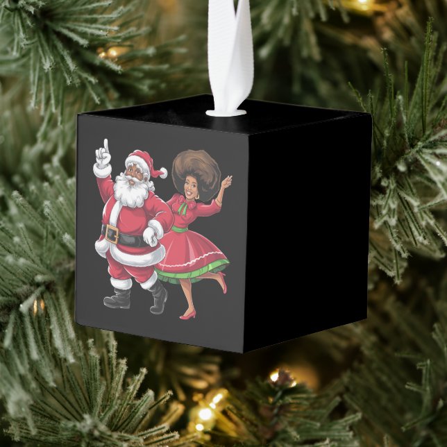 African Santa Mrs Claus Dancing American Christmas Cube Ornament (Tree)