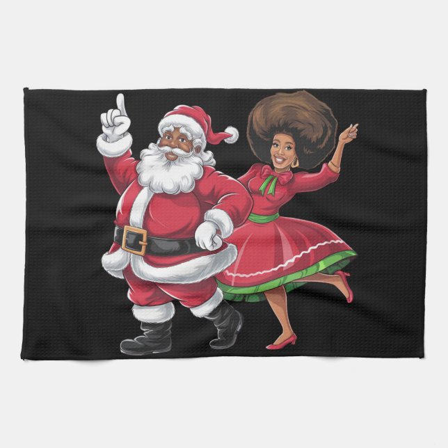 African Santa Mrs Claus Dancing American Christmas Kitchen Towel (Horizontal)