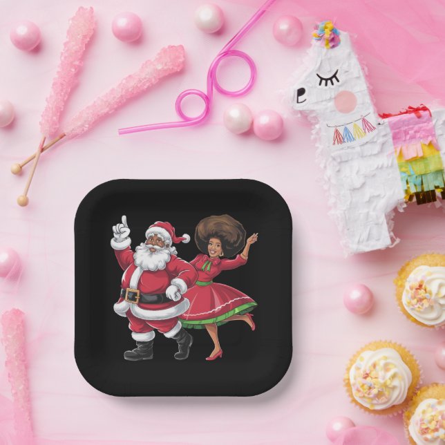 African Santa Mrs Claus Dancing American Christmas Paper Plates (Party)