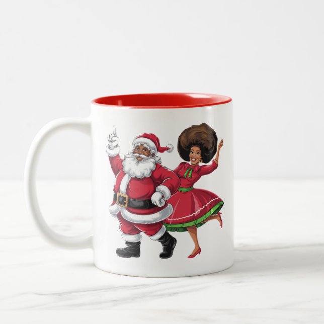 African Santa Mrs Claus Dancing American Christmas Two-Tone Coffee Mug (Left)