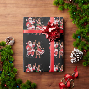 African Santa Mrs Claus Dancing American Christmas Wrapping Paper